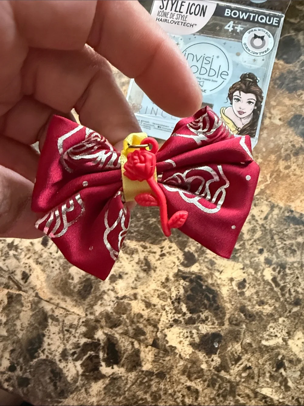 Disney burgundy bow hair ring with yellow and red rose charm